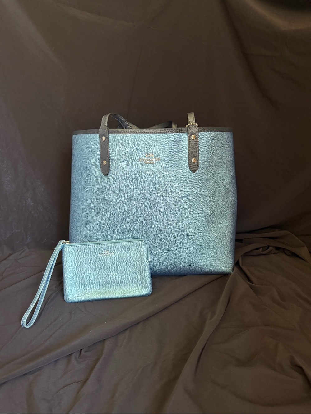 Coach Blue Metallic Reversible Tote with Matching Wristlet